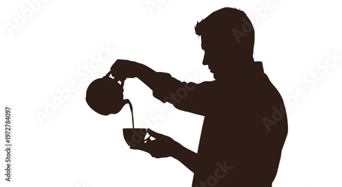 Silhouette of a man pouring hot tea or coffee from a teapot into a cup, isolated on white background