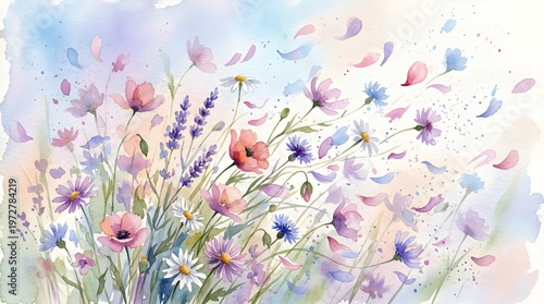 Watercolor Wildflowers Meadow with Flying Petals and Soft Pastel Background