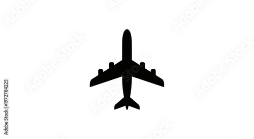 Black Airplane Silhouette Top View Icon Isolated on White. Minimalist Jet Aircraft Vector Illustration for Travel and Transport Design.