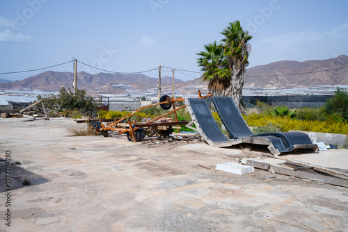 boat construction element hull shape landscape industry palm tree wasteland dry slab mountain - Poniente Almeriense - Abdera, Almería, Spain - 2025