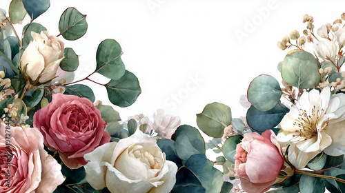 バラとユーカリをあしらったエレガントな水彩の花のフレーム