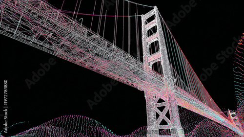 Golden Gate Bridge Wireframe Model At Night With Colorful Lights For Architecture And Technology Concepts