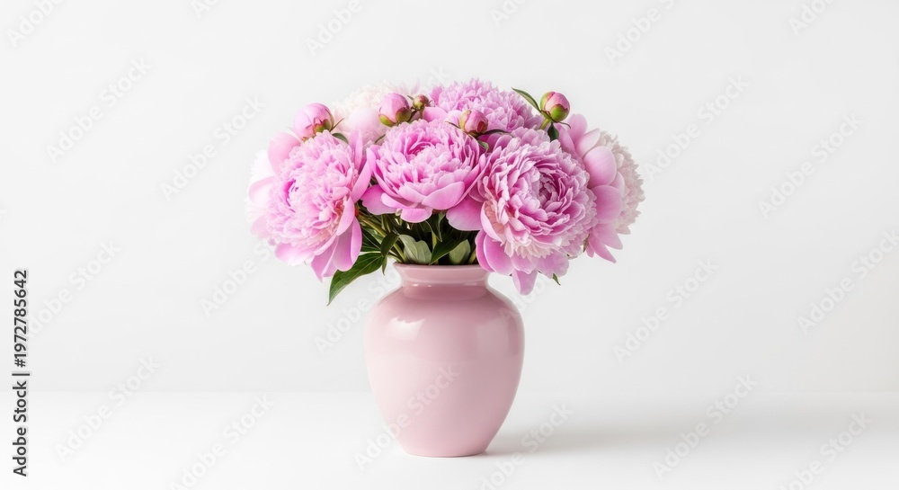 Obraz premium Elegant Pink Peonies in a Matching Vase on White Background.