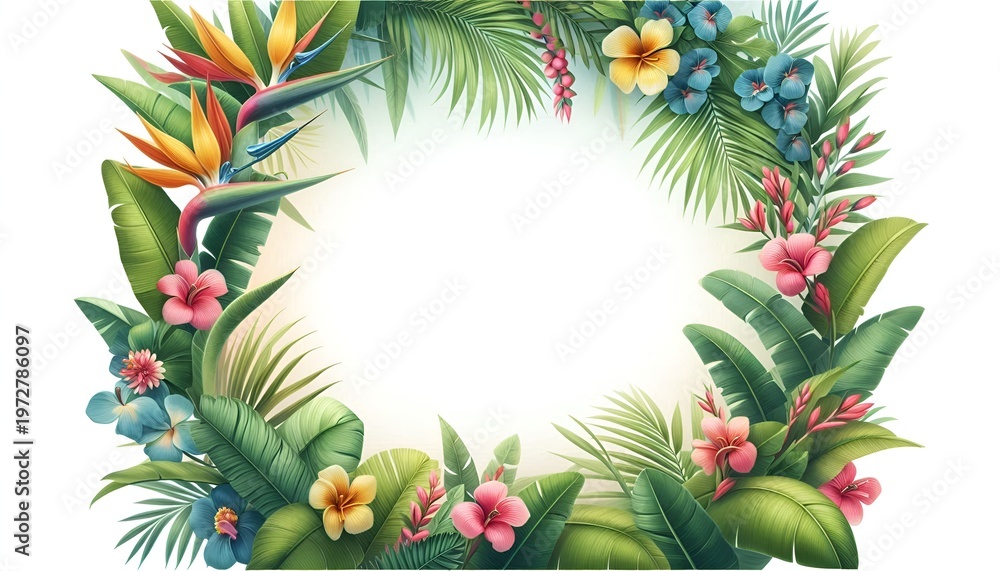 Fototapeta premium Fresh Exotic Jungle Background with Copy Space Menu Border Made of Tropical Leaves & Flowers. Watercolor For Summer Vibes Greeting Cards Posters Banners Placards Cafe Coffee Shop Hawaii Bar Restaurant