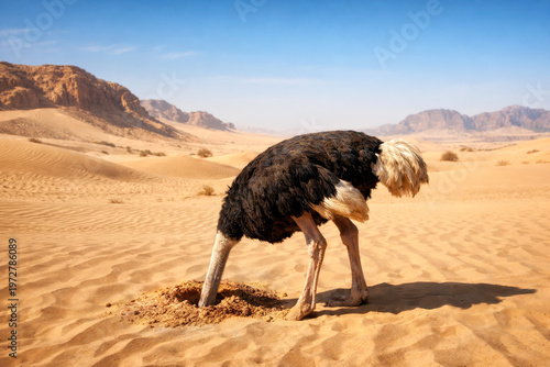 A large ostrich burying its head in desert sand, symbolizing denial, avoidance, and refusing to face problems or reality in business and life.