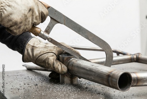 Gloved hands using a manual metal hacksaw to cut a steel tube in a workshop