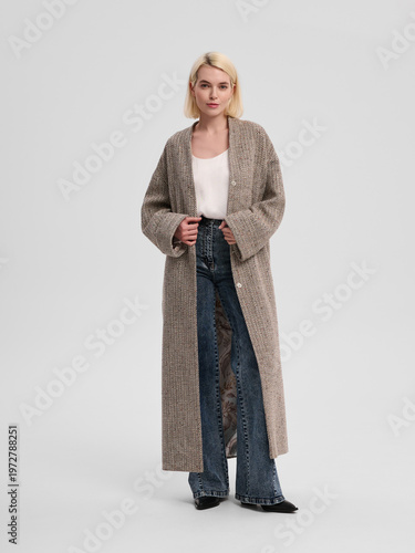 Fashion shooting in studio . Professional model , fashionable clothes and style, new collection. stylish look	