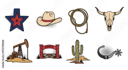 Western icon set: cowboy hat cactus skull and ranch elements