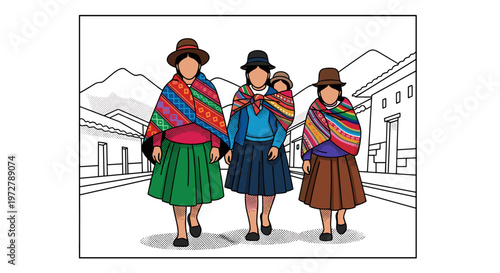 Women in traditional andean attire walking through village