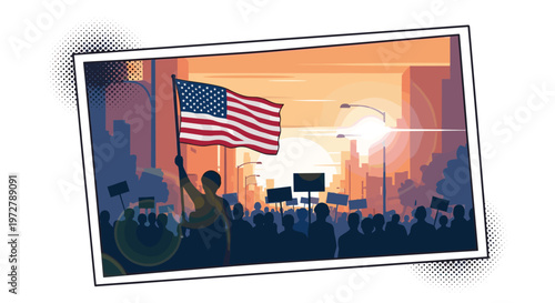 American flag waving during protest at sunset in urban setting