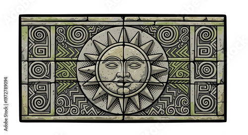 Ancient sun stone with intricate tribal patterns and mysterious