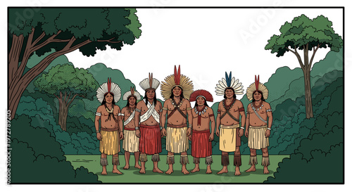 Indigenous group in tribal attire standing in lush forest scenery