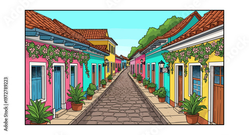 Colorful colonial street with vibrant houses and lush plants in
