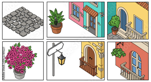 Charming mediterranean street with cobblestones and colorful houses