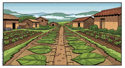 Rural farm scene with harvested leaves drying in traditional village