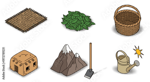 Isometric agricultural tools and nature elements collection with