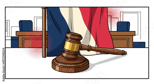 Courtroom with gavel and french flag in pop art style