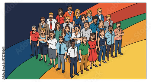 Diverse group of professionals standing on colorful path background