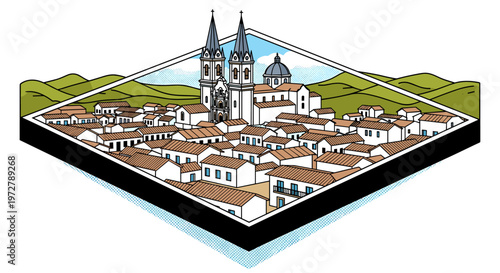 Isometric medieval town with historic church and scenic hillside