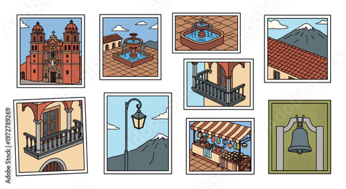 Colorful series of mexican architecture and landscapes in linear art