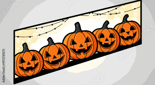 Halloween pumpkin parade with carved faces and festive lights