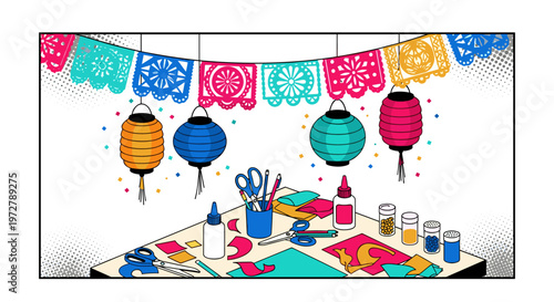 Vibrant diy crafting table with paper lanterns and festive decorations