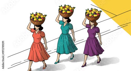 Retro style women carrying fruit baskets in colorful dresses