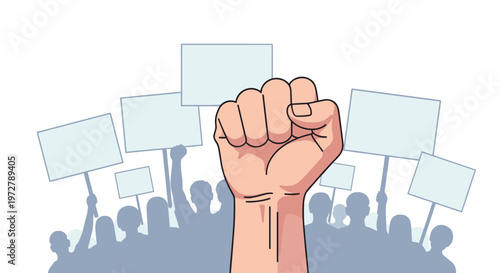 Raised fist in protest with crowd holding blank signs in minimalist