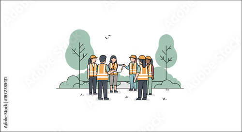 Team meeting outdoors with construction workers in safety gear