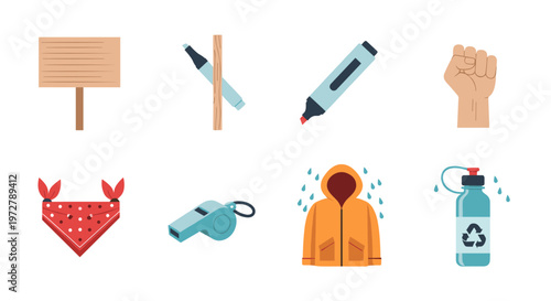 Essential protest icons: markers signs and symbols in flat design for