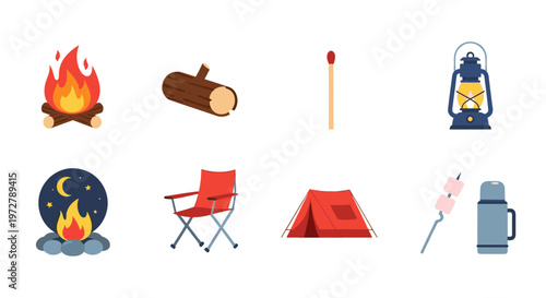 Camping essentials icons set: campfire tent lantern and more