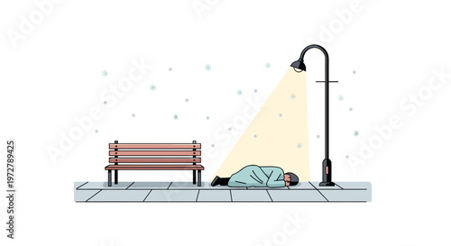 Urban winter night: homelessness under streetlight with falling