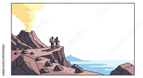 Adventure hikers explore volcanic cliffside with stunning ocean views