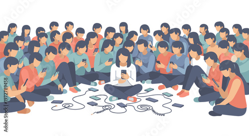 Large crowd engaged with smartphones in flat style