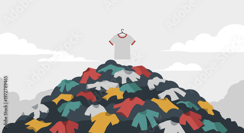 Minimalist depiction of a t-shirt on top of a large pile under cloudy