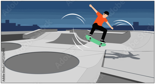 Dynamic skateboard trick in urban skatepark at dusk