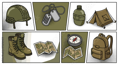 Military gear essentials in comic style: helmet dog tags canteen and
