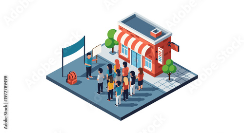 Isometric group tour outside urban cafe with guide and banner