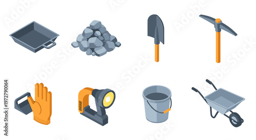 Isometric tools and equipment set for construction and gardening
