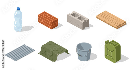 Isometric construction materials collection: bricks concrete wood and
