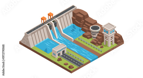 Isometric hydroelectric dam with water flow and infrastructure