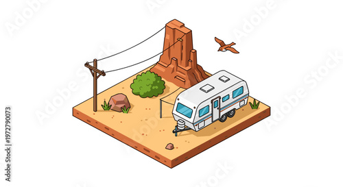 Desert camping adventure with caravan and red rock scenery in