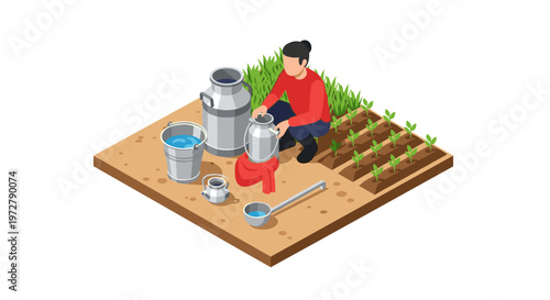 Isometric farming scene with milk cans and plant rows on a small plot