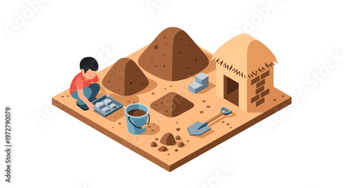 Isometric scene of brick making process with tools and materials on