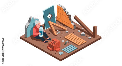 Elderly man in ruined shelter holding water bottle amidst debris in