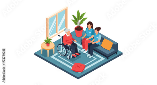 Caregiver and senior interaction in cozy living room setting with