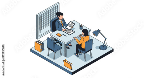 Office meeting in isometric style with two professionals discussing