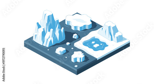 Isometric arctic landscape with icebergs and mountains on a grid
