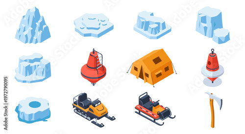 Isometric polar exploration icons: icebergs buoys tents and