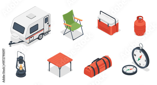 Isometric camping gear collection: caravan lantern compass and more